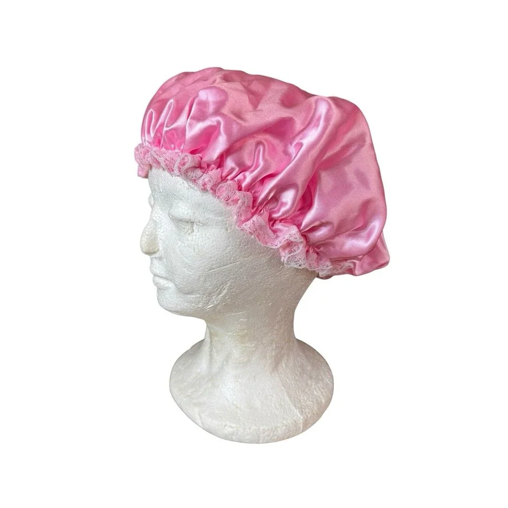 2 Satin Vintage Sleep Bonnet Hat Lace Trim Fleece Interior Cottagecore Night Cap
